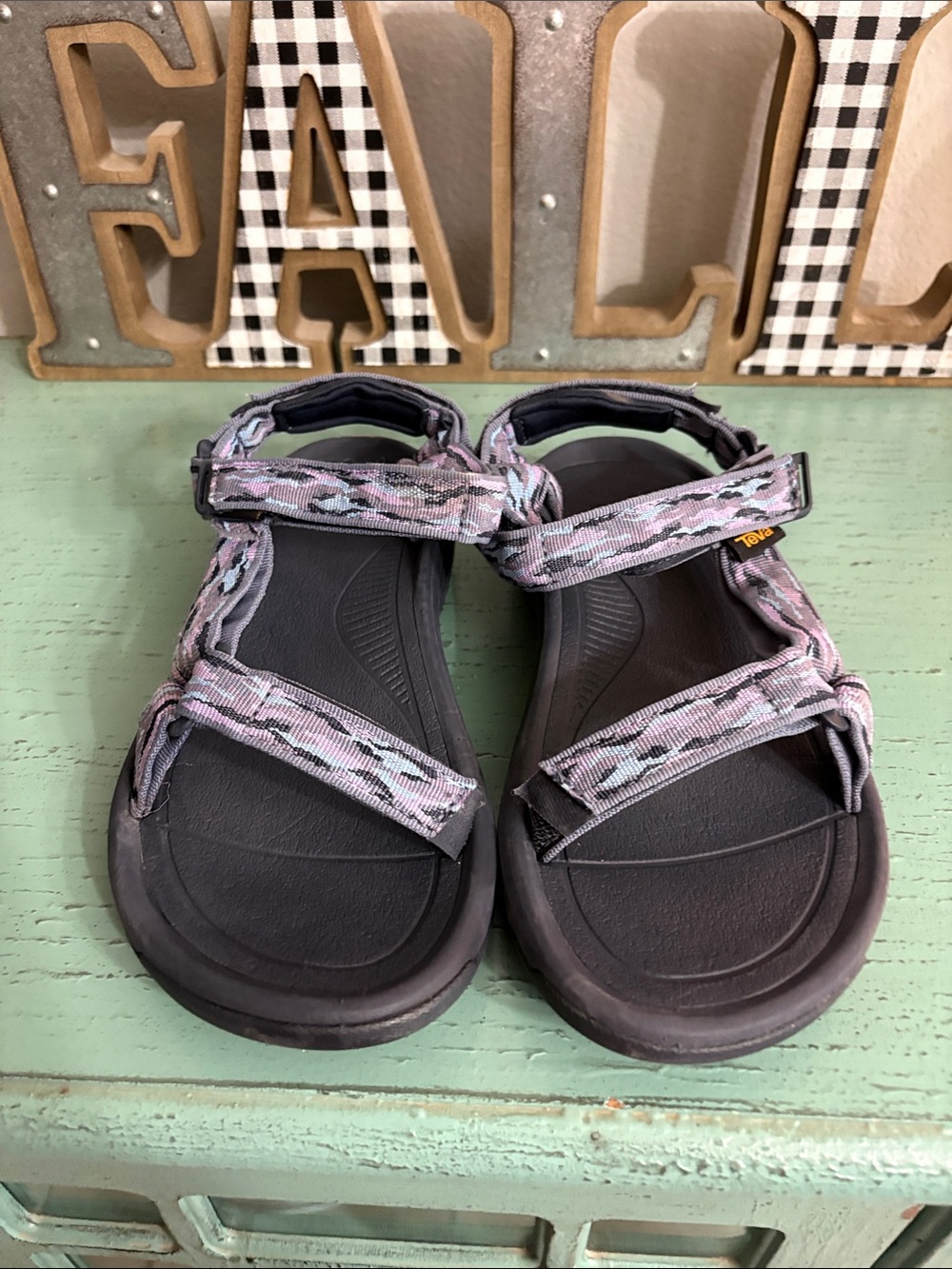 Teva Women's Black Sandals with Lavender Patterned Straps